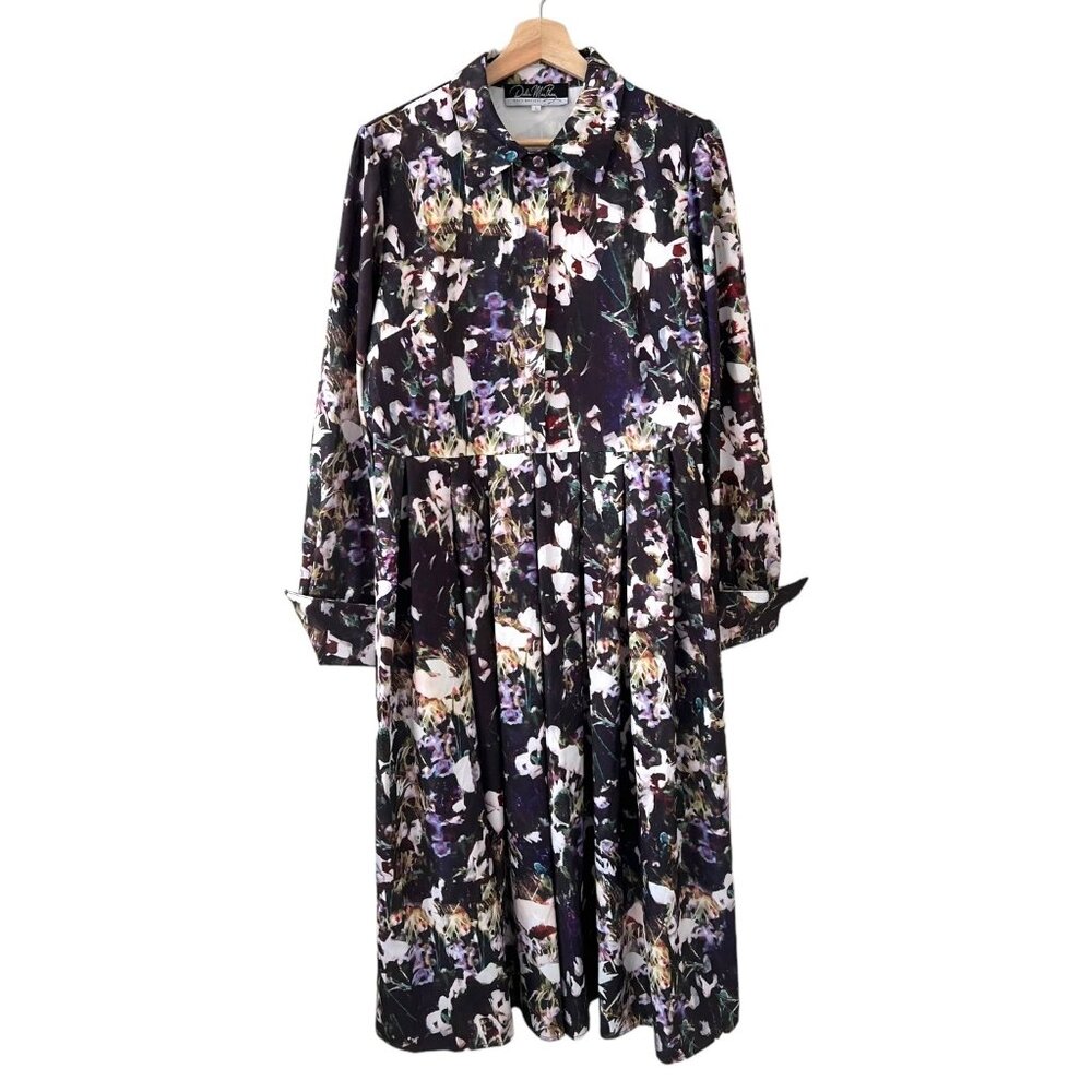 Dalia Macphee Floral Midi Shirt Dress Multicolor Large Modest Twee Full Skirt